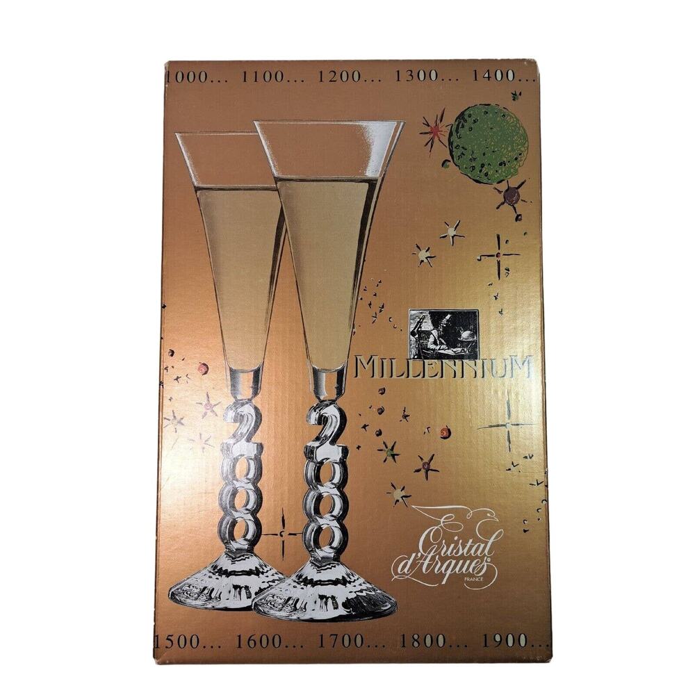 VTG New Year Cristal D'Arques Champagne Flutes Glass France Y2K Millennium 2000